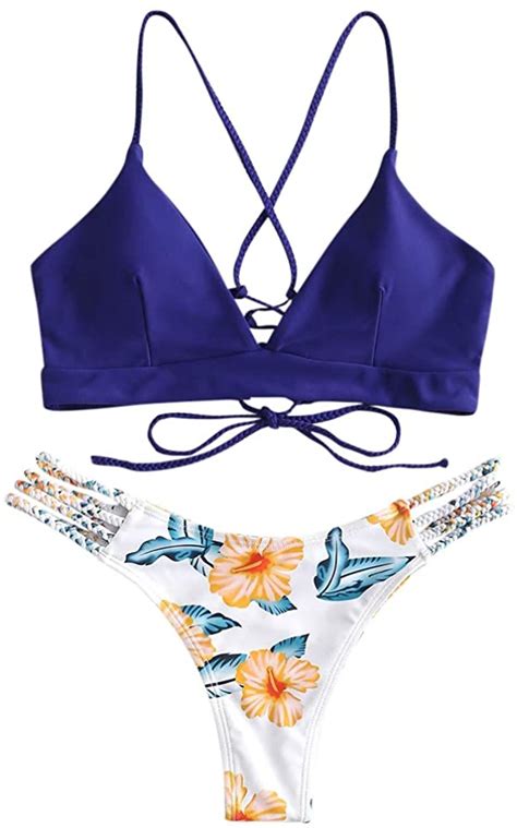 Zaful Costume Da Bagno Bikini Intrecciato Con Stampa Reggiseno Imbottito Senza Fili Breif A