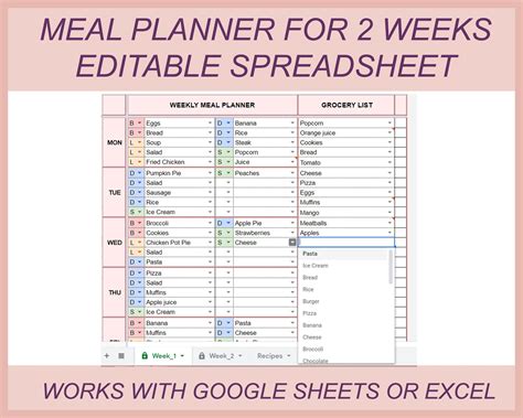 Digital Meal Planner, Grocery List, Meal Planner Excel, Meal Planner