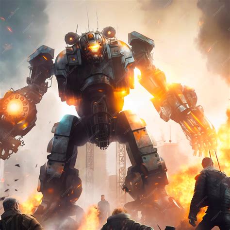 Premium AI Image | Big Robot and Soldiers in a Fight Invasion of ...