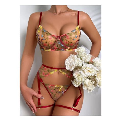 Wine Red Embroidered Lace Transparent Lingerie Set Bridal Boudoir Wedding Night Honeymoon