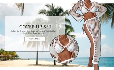 Verdusa Women S Hollow Out Crochet Crop Cover Up Top And Tie Side Skirt Beach Bikini Cover Up