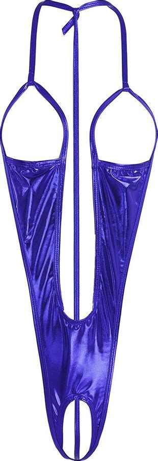 Iiniim Womens Shiny Metallic Leather Slingshot Mini Bikini Thongs Babydoll Bodysuit Blue Free