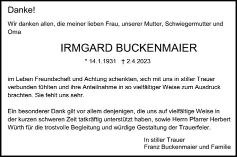 Traueranzeigen Von Irmgard Buckenmaier S Dwest Presse Trauer