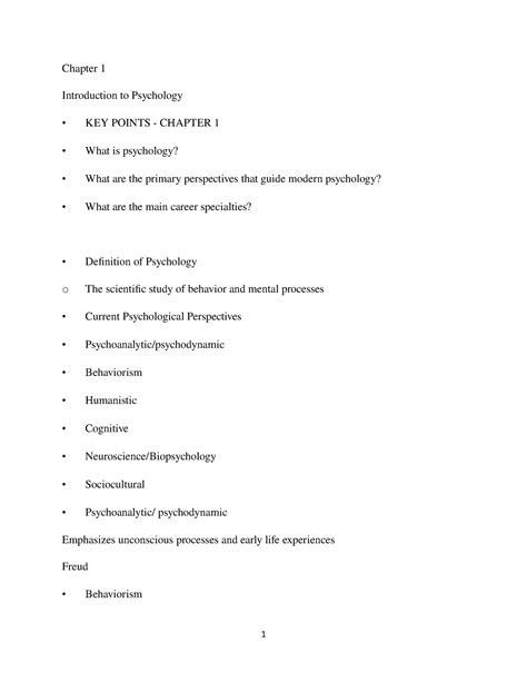 Psyc 1101 Lecture Notes 1 Chapter 1 Introduction To Psychology KEY