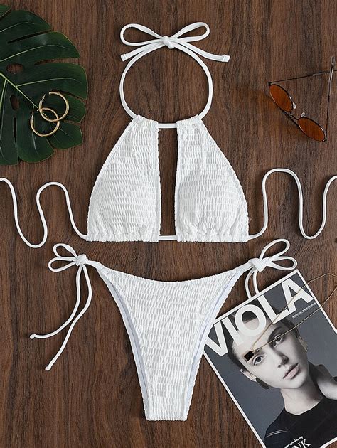 Shein Swim Basics Conjunto De Bikini Fruncido Sujetador Halter Y Bottom De Tanga Traje De Ba O