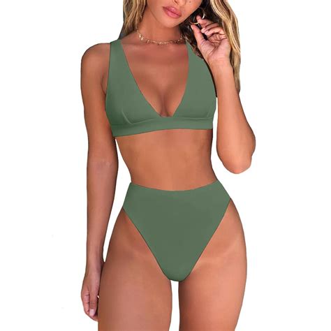 Womens High Waisted Thong Bikini Sets Sexy Brazilian Triangle Top Deep V Neck Two Piece Swimsuit
