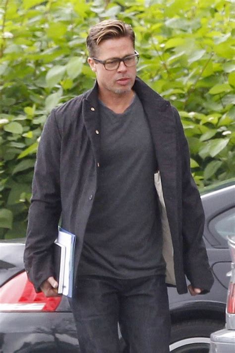Brad Pitt with short hair and glasses on the London set of Fury|Lainey