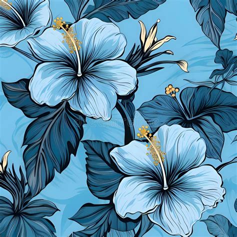 Seamless Pattern With Blue Hibiscus Flowers Vector Illustration Stock