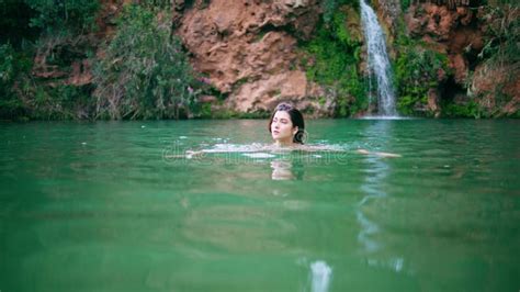 Lady Swimming Nature Pool Seductive Naked Woman Looking Camera At Lagoon Stock Photo Image Of