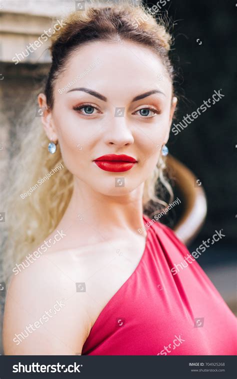 Beautiful Blonde Woman Sexy Red Dress Stock Photo 704925268 Shutterstock