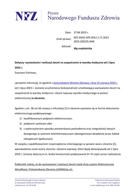 Pismo Prezesa Nfz Dotycz Ce Wystawiania I Realizacji Zlece Na