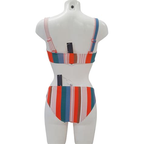 Neuf étiquette Maillot Monoprix haut T 36 bas T 44 bikini rayures colorées friperie pas cher