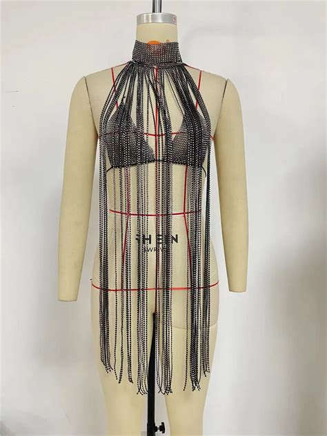 Bohemian Sexy Beach Sheer Bikini Chest Chain Black Crystal Tassel Necklace Bras Rhinestone Decor