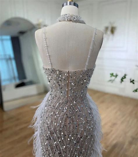 Luxury Nude White Feathered Sequin Embellished Evening Bridal Party Dress Evening Dresses