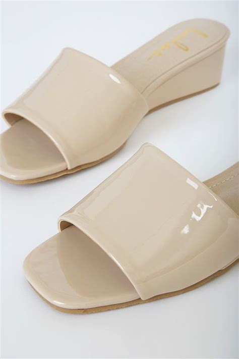 Chana Light Nude Patent Wedge Slide Sandals Everyday Heels Comfortable Black Shoes Slide Sandals