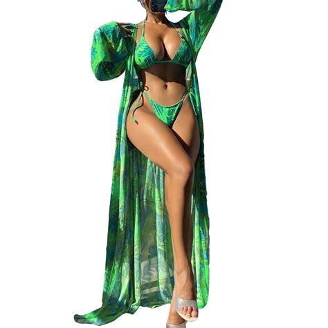 Litie Women 3 Piece Triangle Bikini Set Leaf Print Halter Bra Lace Up High Waist Briefs With