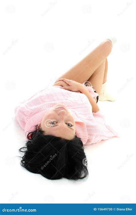 Attractive Brunette In Pink Sweater Lying Stock Photo Image Of Lovely Flirting 15649730