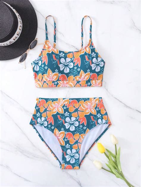 Shein Swim Vcay Random Floral Print Bikini Set Wireless Bra Top High Waist Bikini Bottom