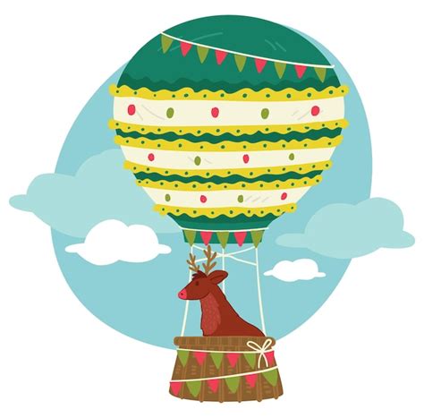 Premium Vector Christmas Reindeer Flying In Hot Air Balloon Vector