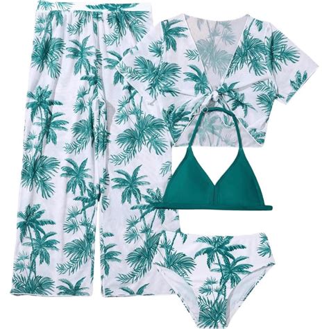 SOLY HUX Girls 4 Piece Swimsuits Tropical Print Halter Bikini Set Bathing Suits With Kimono And