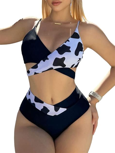 Womens One Piece Cow Print Pattern High Cut Bodysuit Swimsuit Bikini Swimwear Rave Festival