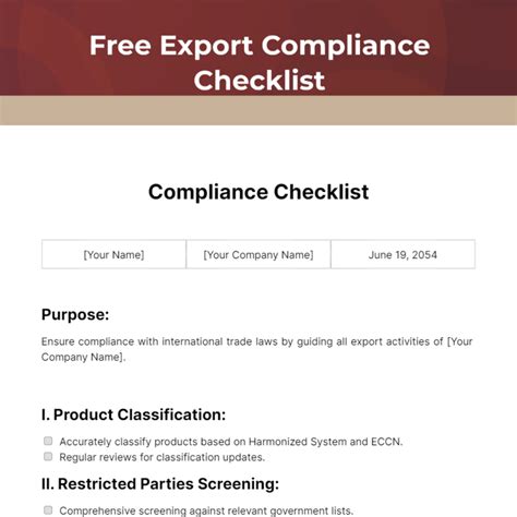 Free Export Compliance Checklist Template Edit Online And Download