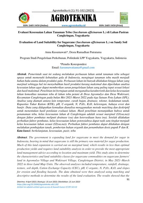 PDF Evaluasi Kesesuaian Lahan Tanaman Tebu Saccharum Officinarum L