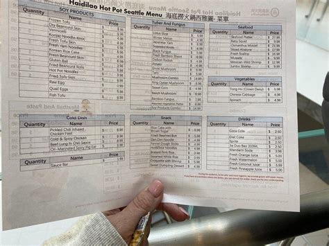 Menu At Hai Di Lao Hot Pot Restaurant Seattle