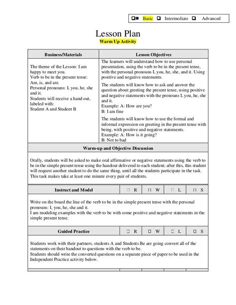 Lesson Plan Lesson 1 Module 2 Warm Up Activity