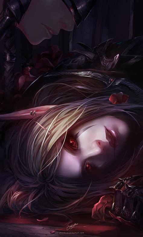 Women Elven Sylvanas Windrunner Looking At Viewer Blonde Chenbo Red Eyes Digital Art