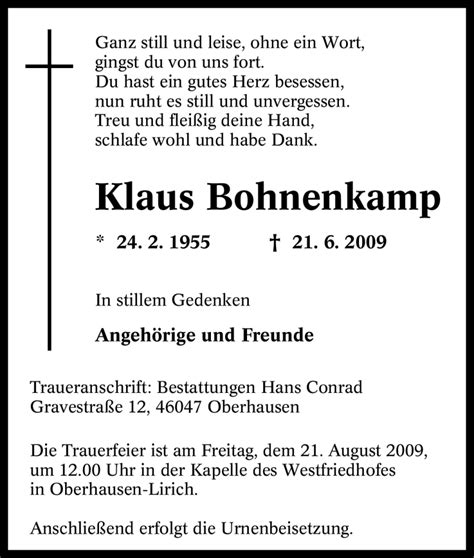 Trauer Und Todesanzeigen Von Klaus Bohnenkamp Trauer De