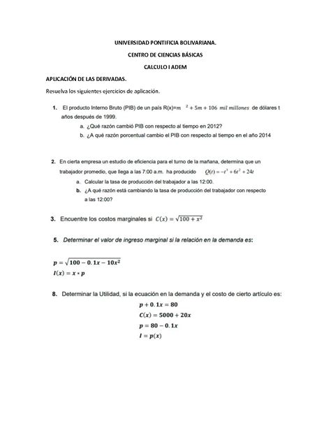 Solution Ejercicios De Aplicaci N De La Derivada Calculo Studypool