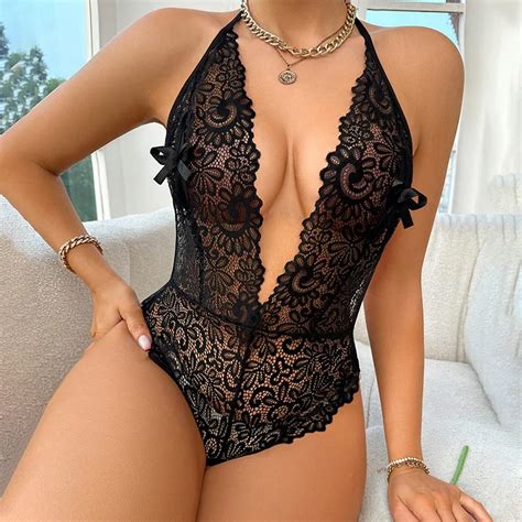 Woherb New Black Sexy Lace Strap Perspective Passion Lingerie Dress Woman