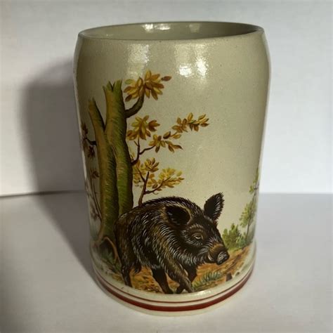 Dining Vintage German Stoneware Beer Mug Tankard Stein Wild Boar