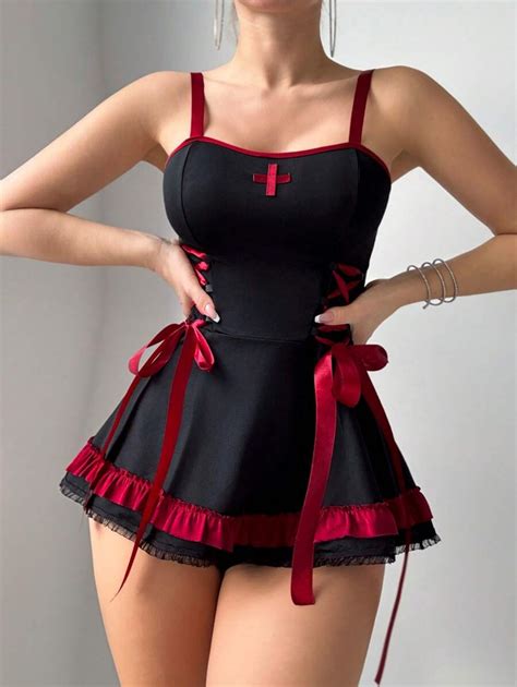 Fantasy Costume Pcs Set Lace Trim Women Lingerie Costume Wire Free Thong SHEIN USA