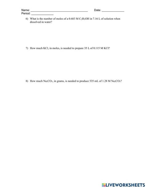 Calculating Molarity Moles And Volume A Chemistry Worksheet Tpt