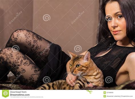 Beautiful Brunette With A Cat Stock Photo Image Of Domestic Isolated 52189690