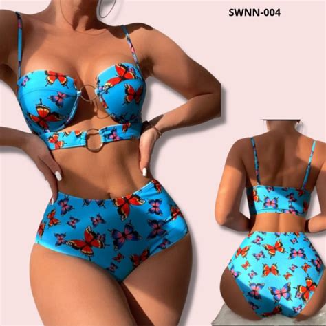 Butterfly Print Ring Linked Push Up Bikini Swimsuit Novelty