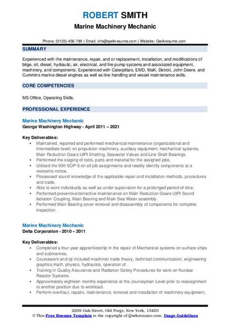 Marine Machinery Mechanic Resume Samples Qwikresume