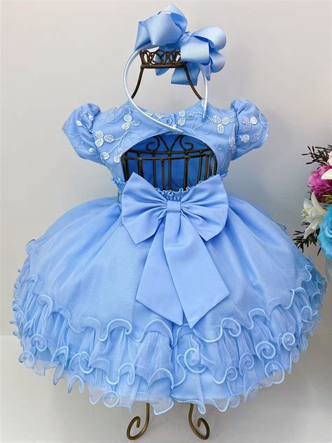 Vestido Infantil Azul Babados Renda Cinto De Strass Rosa Charmosa Atacado