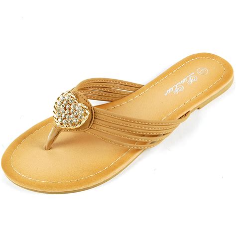 Womens Dressy Flip Flops Gold Rhinestone Strap Sandals Heart Thongs