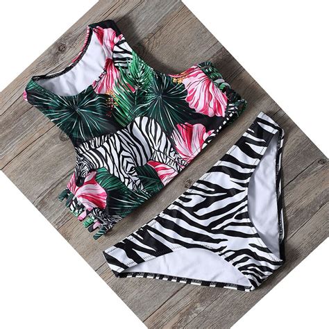 2018 New Floral Zebra Printed Bikini Halter Neck Swimsuit Plus Size