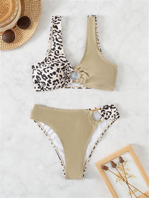 SHEIN Swim Vcay Spliced Leopard Bikini Set Ring Linked Tank Bra High Cut Bottom 2 Piece