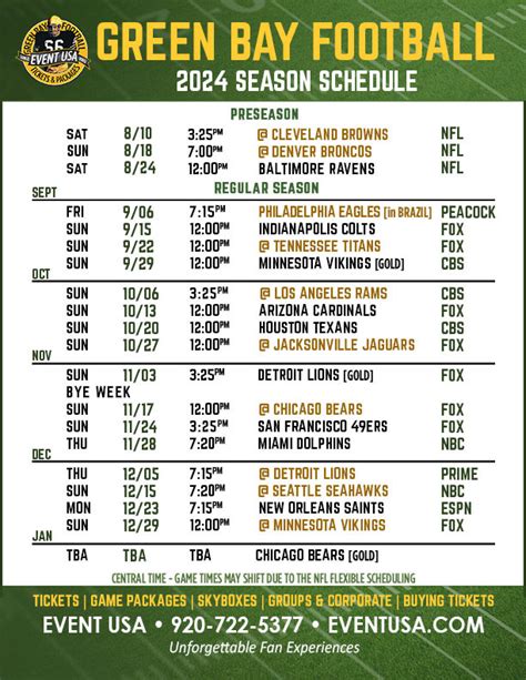 Green Bay Packers Schedule Dates Times Tv Channels