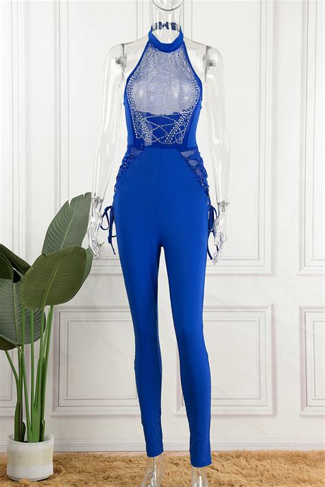 Wholesale Blue Sexy Hot Drilling Sequined Halter Skinny Jumpsuits K Online