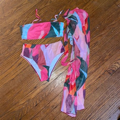 SHEIN Swim Multicolor Patterned Bikini Set With Sarong Poshmark