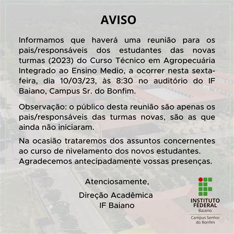 Campus Senhor Do Bonfim Aviso Reunião De Pais E Responsáveis