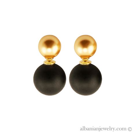 Double pearl earrings with gold pearl and black pearl | Albanian Jewlery