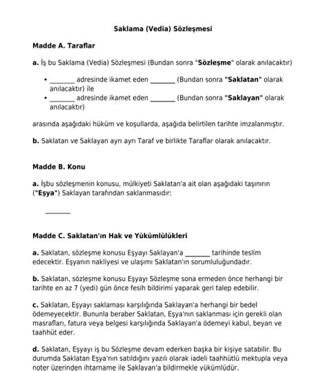 Saklama Sözleşmesi online örnek şablon Word ve PDF