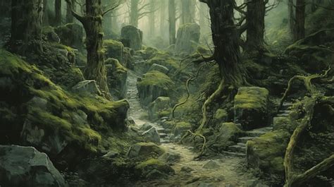 Premium Photo | Mystical Forest Painting With Moss And Eerie Atmosphere